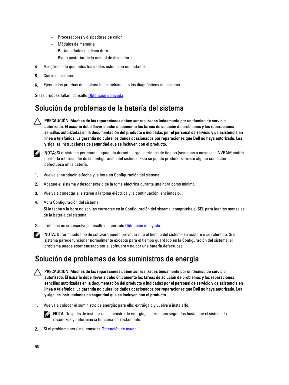 Solución de problemas de la batería del sistema | Dell PowerVault DX6104 User Manual | Page 98 / 139