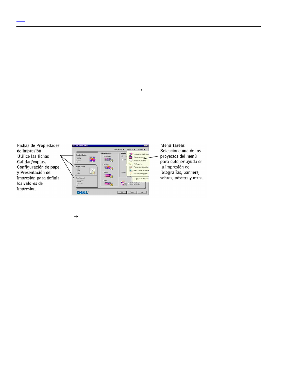 Uso de las propiedades de impresión, Acceso a las propiedades de impresión, Menú tareas | Fichas de propiedades de impresión | Dell A960 All In One Personal Printer User Manual | Page 56 / 99