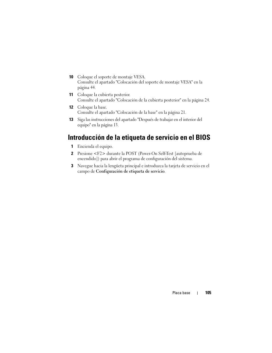 Introducción de la etiqueta de servicio en el bios | Dell Inspiron One 2330 (Mid 2012) User Manual | Page 105 / 146