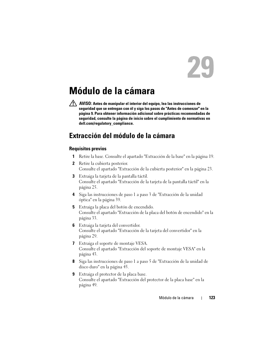 Módulo de la cámara, Extracción del módulo de la cámara | Dell Inspiron One 2330 (Mid 2012) User Manual | Page 123 / 146