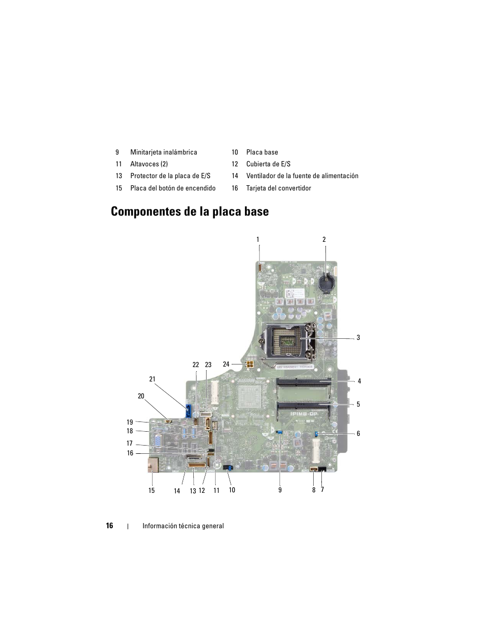 Componentes de la placa base | Dell Inspiron One 2330 (Mid 2012) User Manual | Page 16 / 146