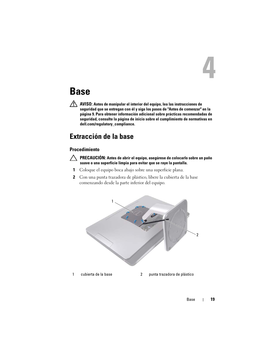 Base, Extracción de la base | Dell Inspiron One 2330 (Mid 2012) User Manual | Page 19 / 146