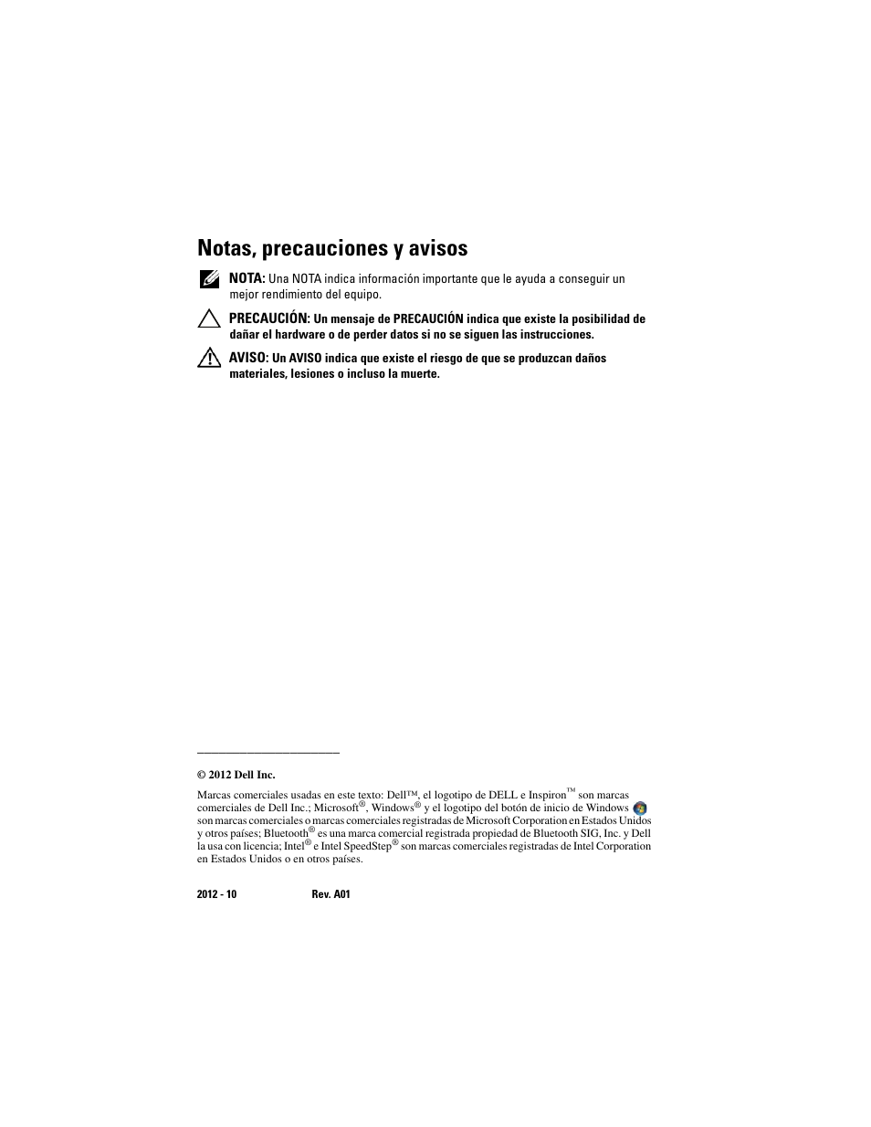 Notas, precauciones y avisos | Dell Inspiron One 2330 (Mid 2012) User Manual | Page 2 / 146