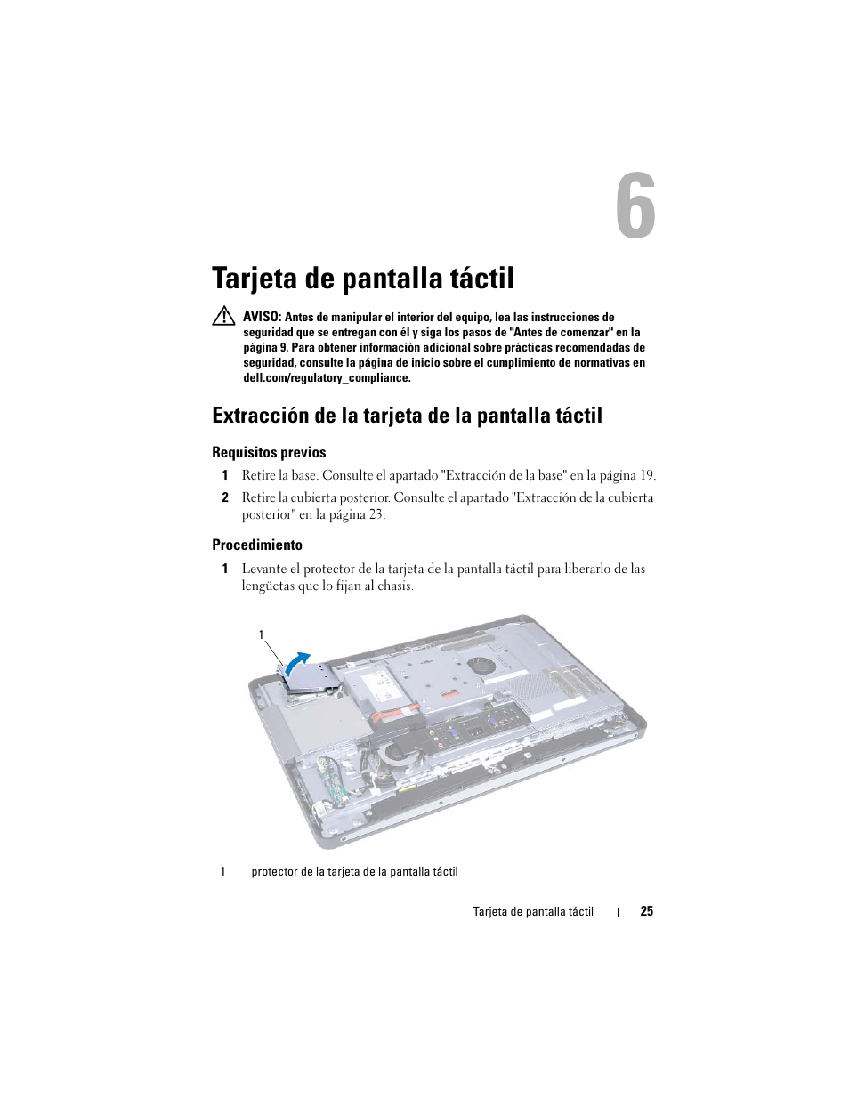 Tarjeta de pantalla táctil, Extracción de la tarjeta de la pantalla táctil | Dell Inspiron One 2330 (Mid 2012) User Manual | Page 25 / 146
