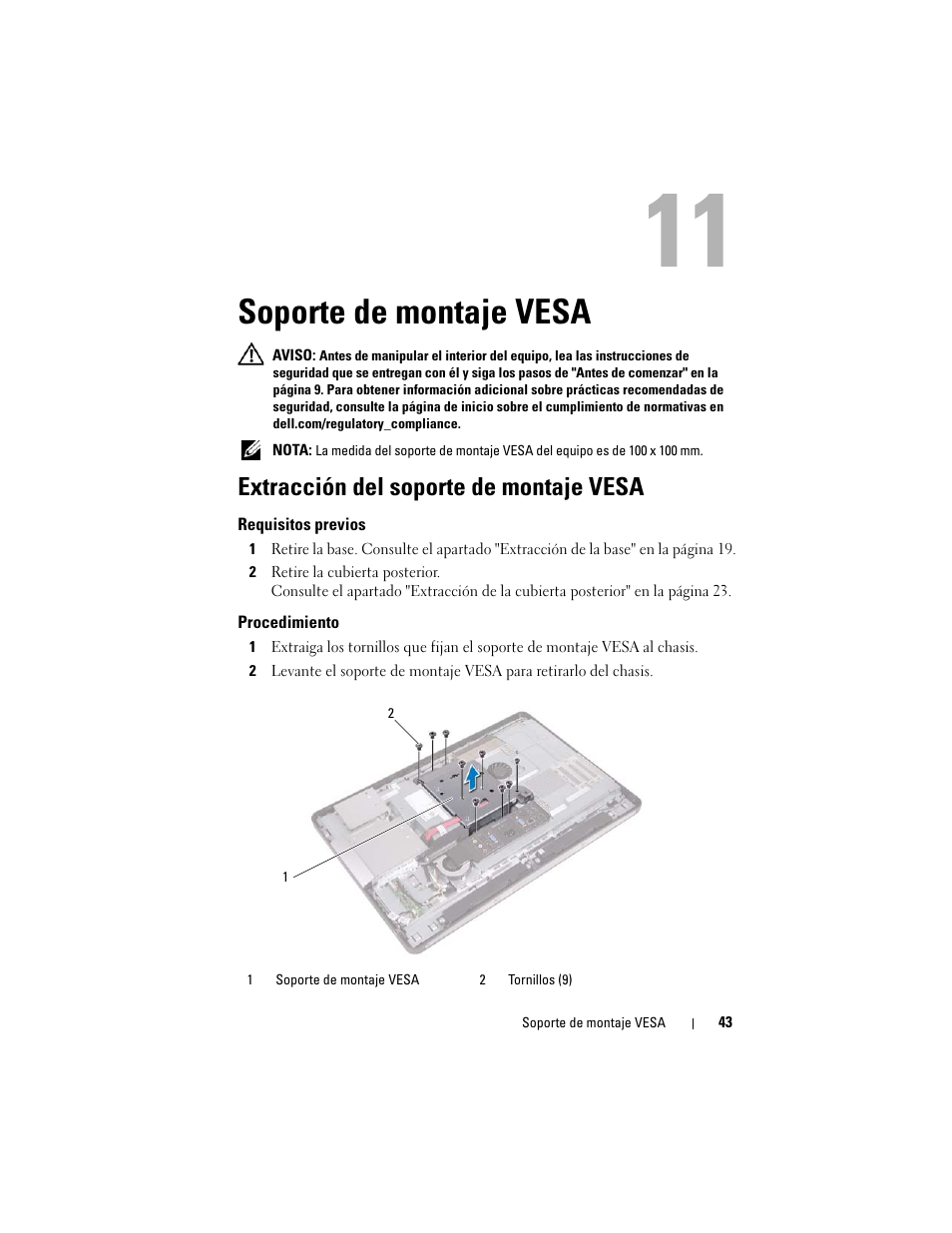 Soporte de montaje vesa, Extracción del soporte de montaje vesa | Dell Inspiron One 2330 (Mid 2012) User Manual | Page 43 / 146