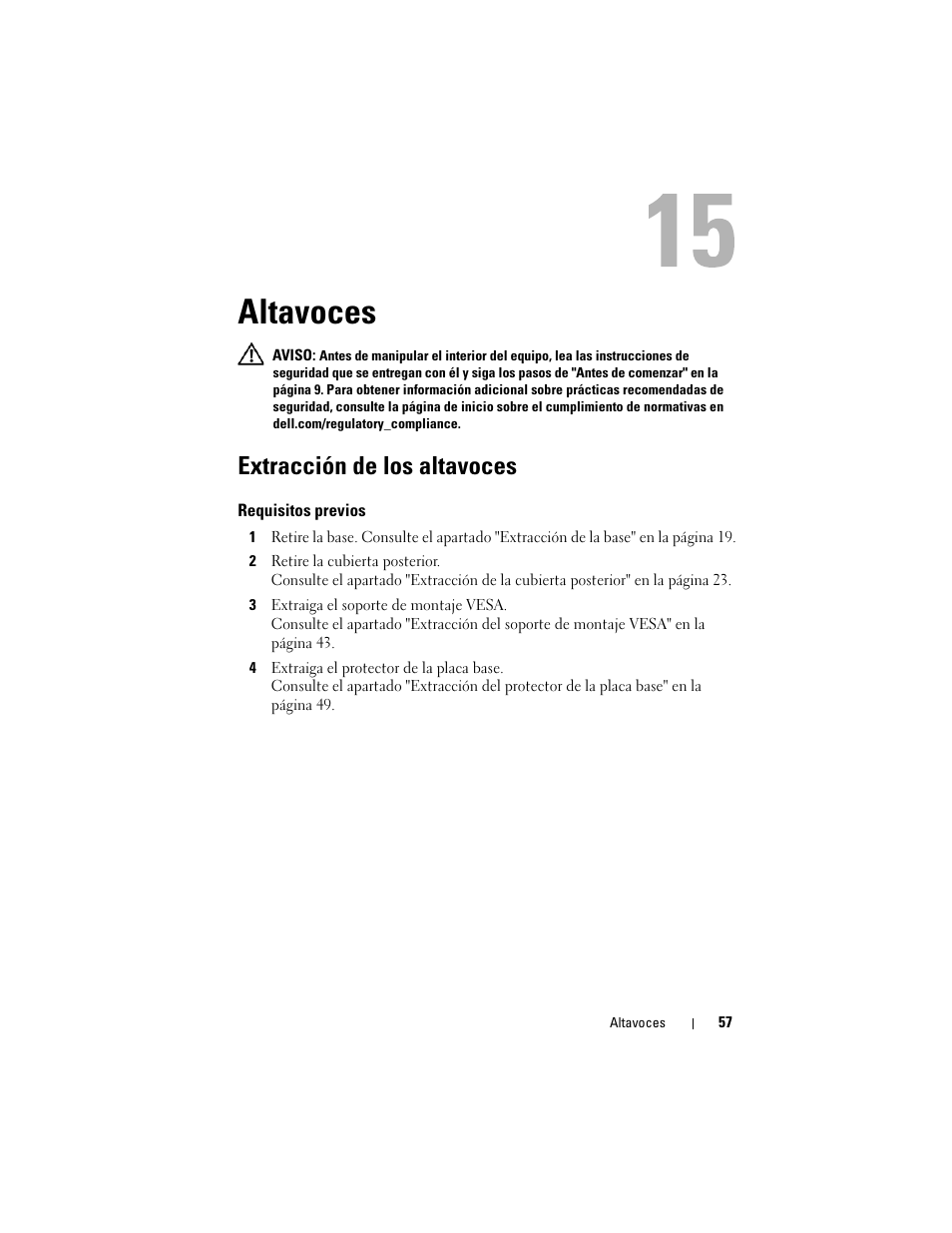 Altavoces, Extracción de los altavoces | Dell Inspiron One 2330 (Mid 2012) User Manual | Page 57 / 146