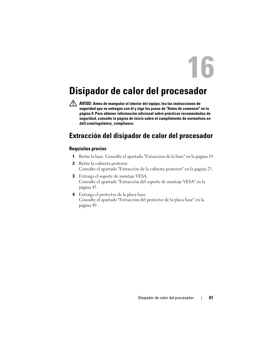 Disipador de calor del procesador, Extracción del disipador de calor del procesador | Dell Inspiron One 2330 (Mid 2012) User Manual | Page 61 / 146