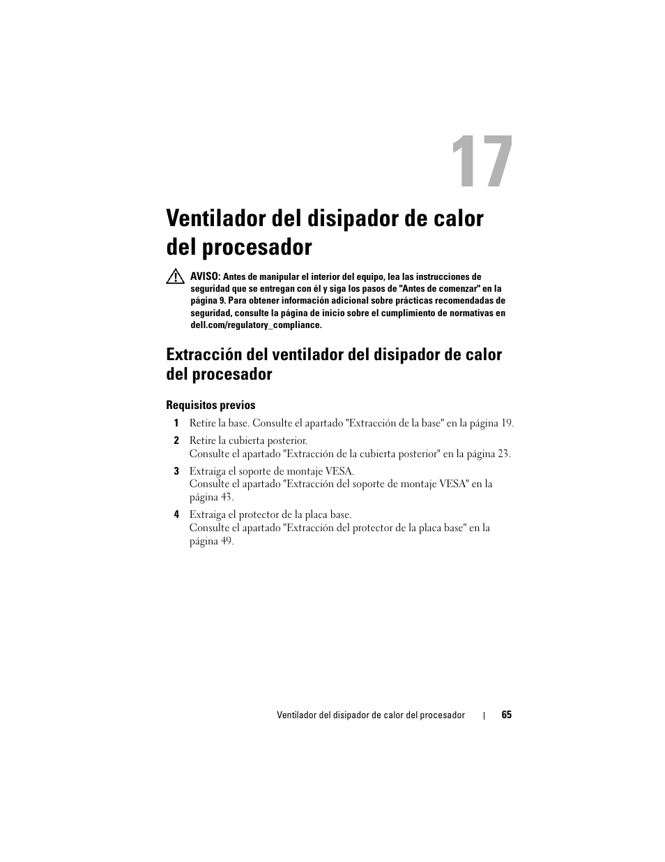 Ventilador del disipador de calor del procesador, Ventilador del disipador de calor del, Procesador | Dell Inspiron One 2330 (Mid 2012) User Manual | Page 65 / 146