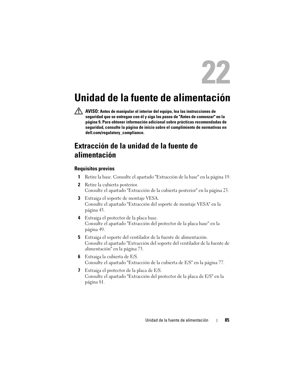 Unidad de la fuente de alimentación, Extracción de la unidad de la fuente de, Alimentación | Dell Inspiron One 2330 (Mid 2012) User Manual | Page 85 / 146