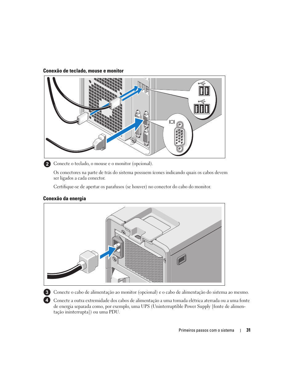 Conexão de teclado, mouse e monitor, Conexão da energia | Dell PowerEdge SC1430 User Manual | Page 33 / 50