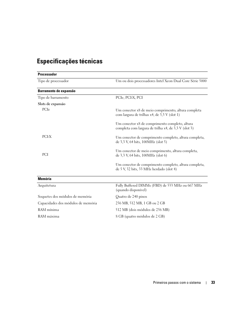 Especificações técnicas | Dell PowerEdge SC1430 User Manual | Page 35 / 50