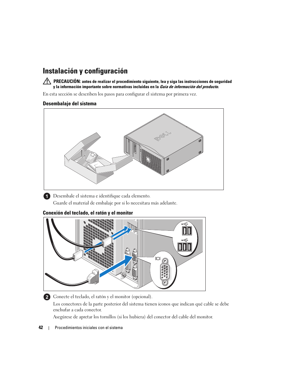 Instalación y configuración, Desembalaje del sistema, Conexión del teclado, el ratón y el monitor | Dell PowerEdge SC1430 User Manual | Page 44 / 50
