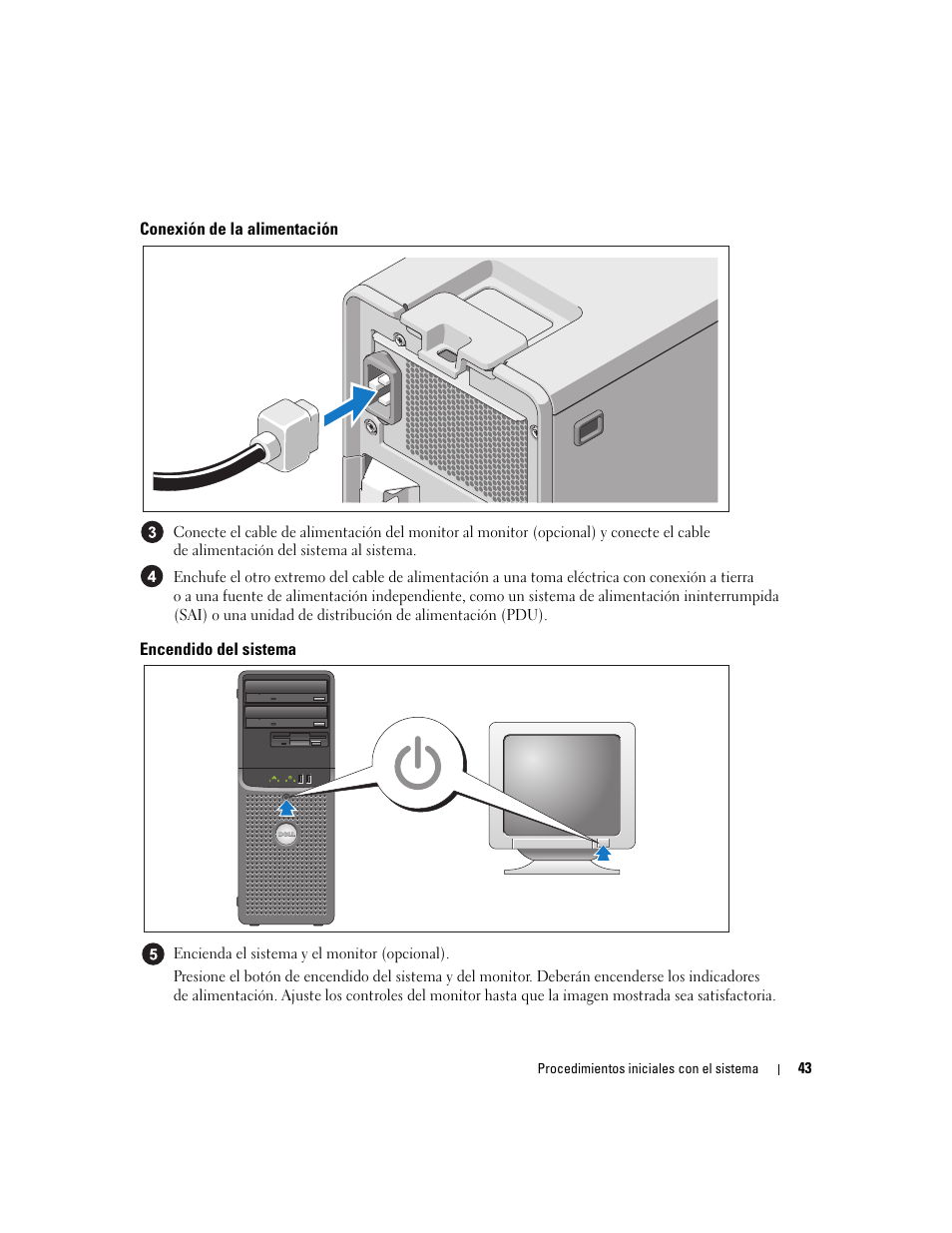 Conexión de la alimentación, Encendido del sistema | Dell PowerEdge SC1430 User Manual | Page 45 / 50