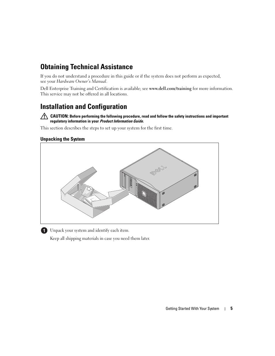 Obtaining technical assistance, Installation and configuration, Unpacking the system | Dell PowerEdge SC1430 User Manual | Page 7 / 50