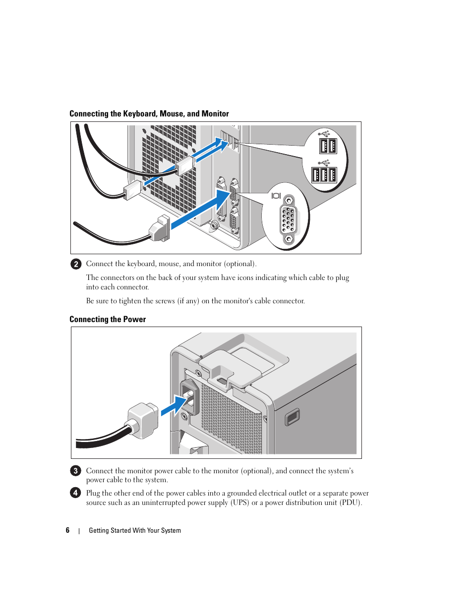 Connecting the keyboard, mouse, and monitor, Connecting the power | Dell PowerEdge SC1430 User Manual | Page 8 / 50