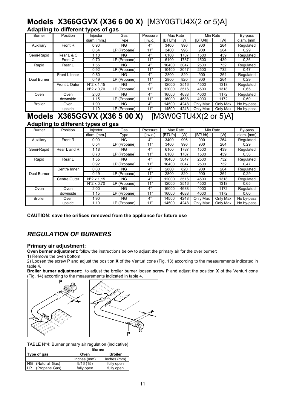 Regulation of burners, Adapting to different types of gas, Primary air adjustment | Bertazzoni X365GGVX (X36 5 00 X) User Manual | Page 11 / 26