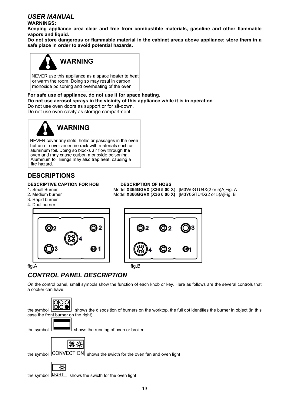 User manual, Descriptions, Control panel description | Bertazzoni X365GGVX (X36 5 00 X) User Manual | Page 13 / 26