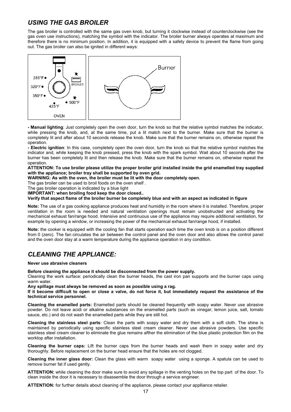 Using the gas broiler, Cleaning the appliance | Bertazzoni X365GGVX (X36 5 00 X) User Manual | Page 17 / 26