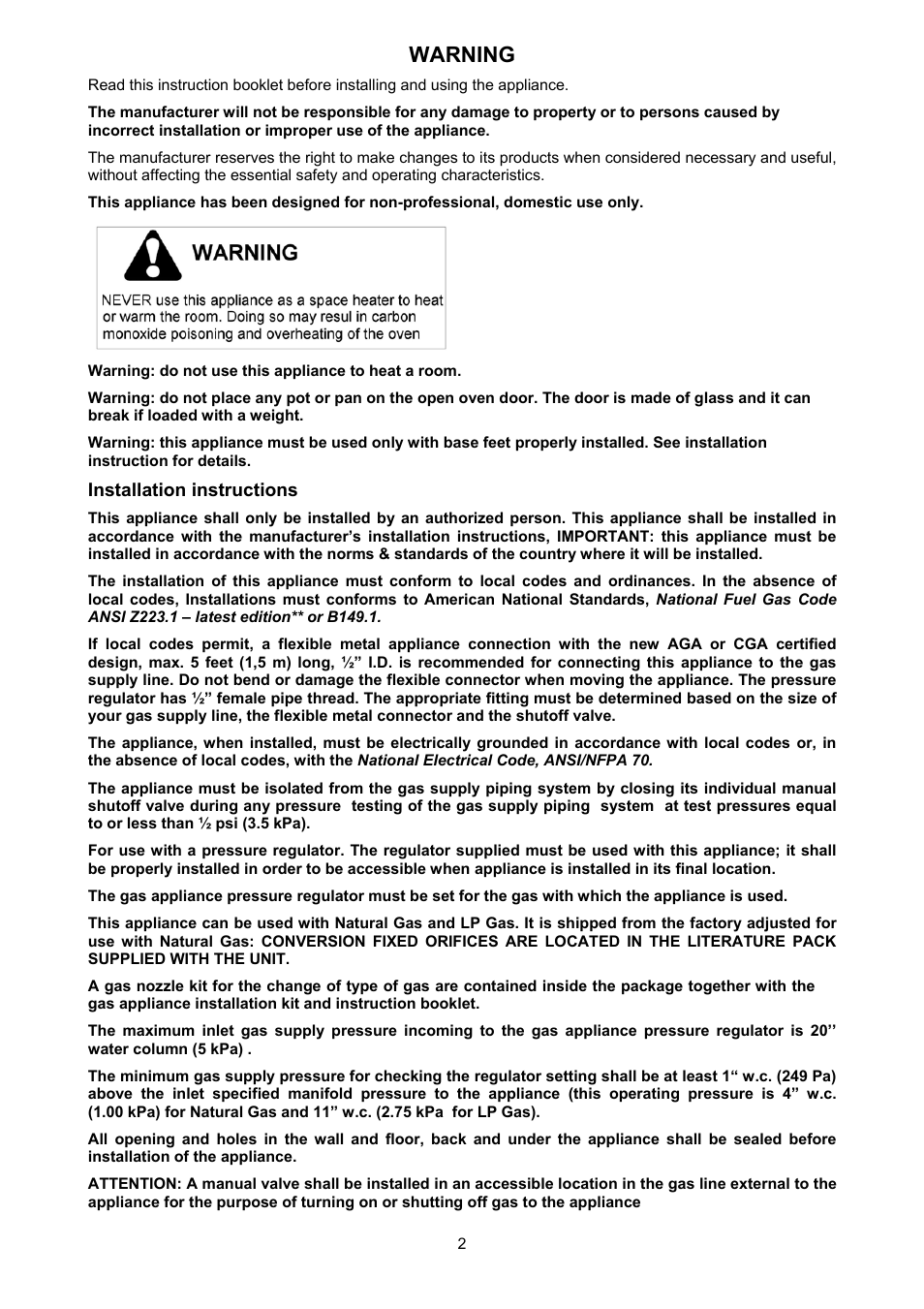 Warning | Bertazzoni X365GGVX (X36 5 00 X) User Manual | Page 2 / 26