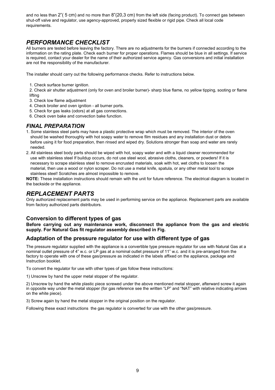 Performance checkllst, Replacement parts, Final preparation | Conversion to different types of gas | Bertazzoni X365GGVX (X36 5 00 X) User Manual | Page 9 / 26