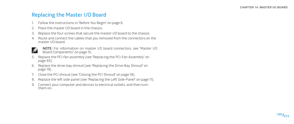 Replacing the master i/o board | Dell Alienware Aurora (Late 2009) User Manual | Page 73 / 117