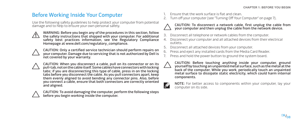 Before working inside your computer | Dell Alienware Aurora (Late 2009) User Manual | Page 8 / 117