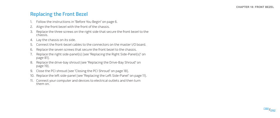 Replacing the front bezel | Dell Alienware Aurora (Late 2009) User Manual | Page 92 / 117