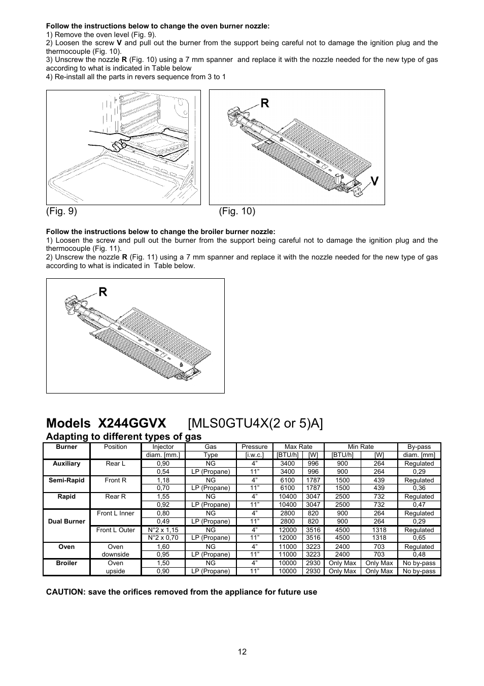 Fig. 9) (fig. 10), Adapting to different types of gas | Bertazzoni X244GGVX User Manual | Page 12 / 28