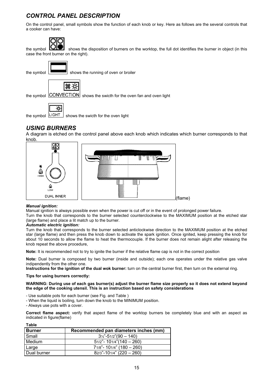 Control panel description, Using burners | Bertazzoni X244GGVX User Manual | Page 15 / 28