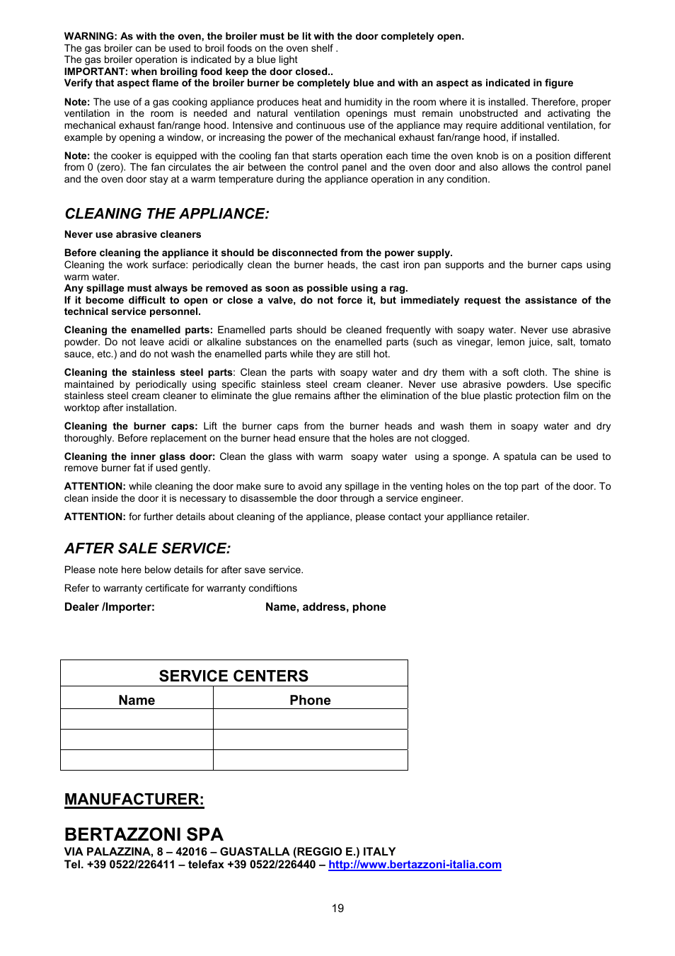 Bertazzoni spa, Manufacturer, Service centers | Bertazzoni X244GGVX User Manual | Page 19 / 28