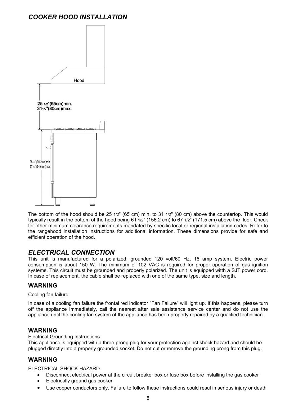 Cooker hood installation, Electrical connection | Bertazzoni X244GGVX User Manual | Page 8 / 28