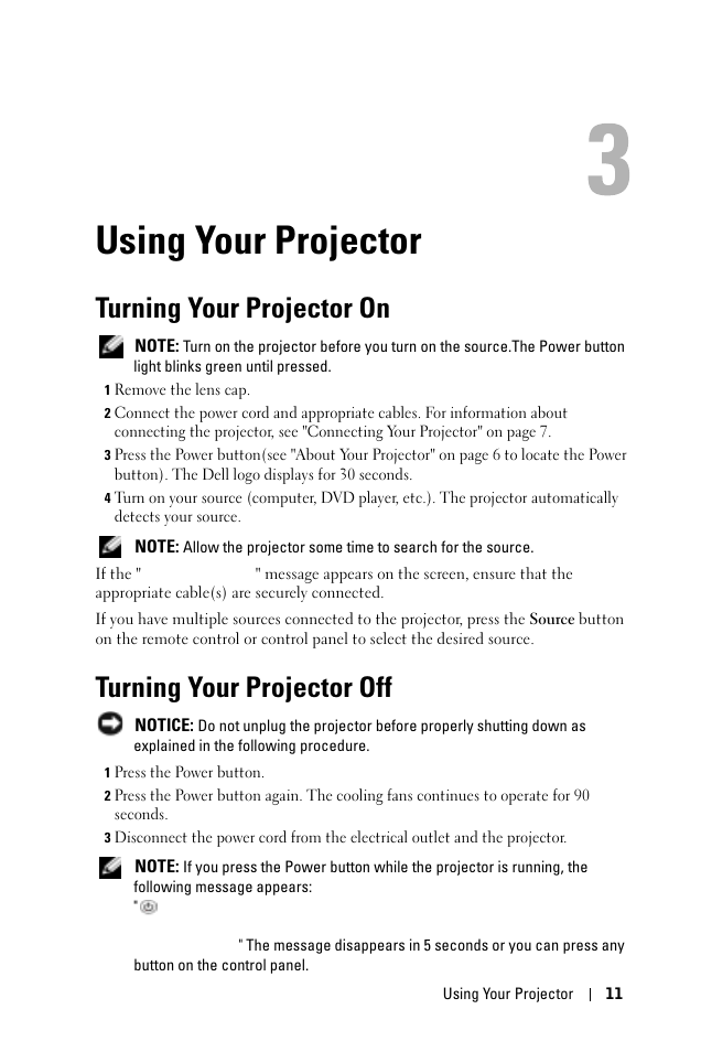 Using your projector, Turning your projector on, Turning your projector off | 3 using your projector | Dell 1100MP User Manual | Page 11 / 278