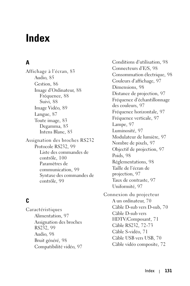 Index | Dell 1100MP User Manual | Page 131 / 278