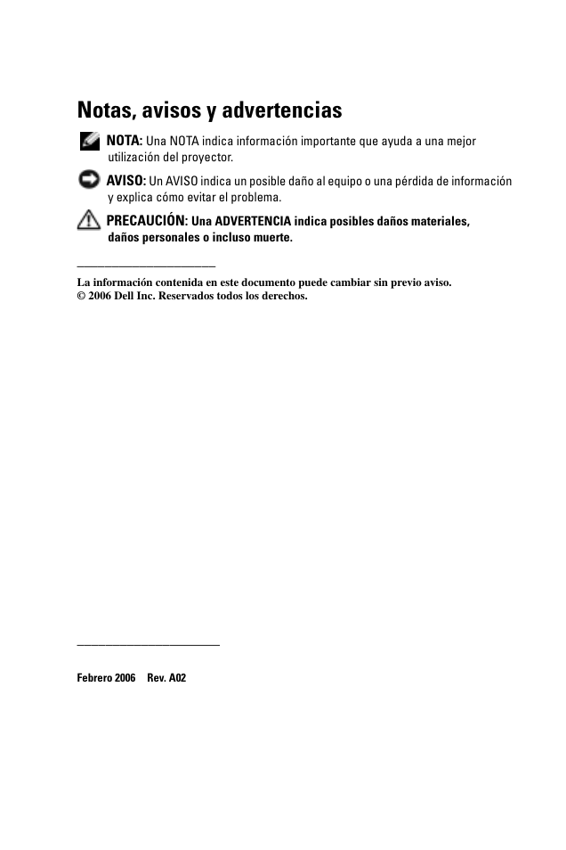 Notas, avisos y advertencias | Dell 1100MP User Manual | Page 136 / 278