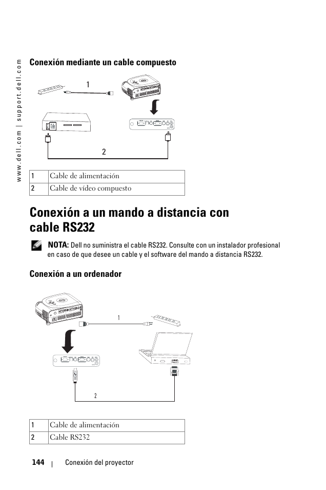Conexión mediante un cable compuesto, Conexión a un mando a distancia con cable rs232, Conexión a un ordenador | Dell 1100MP User Manual | Page 144 / 278