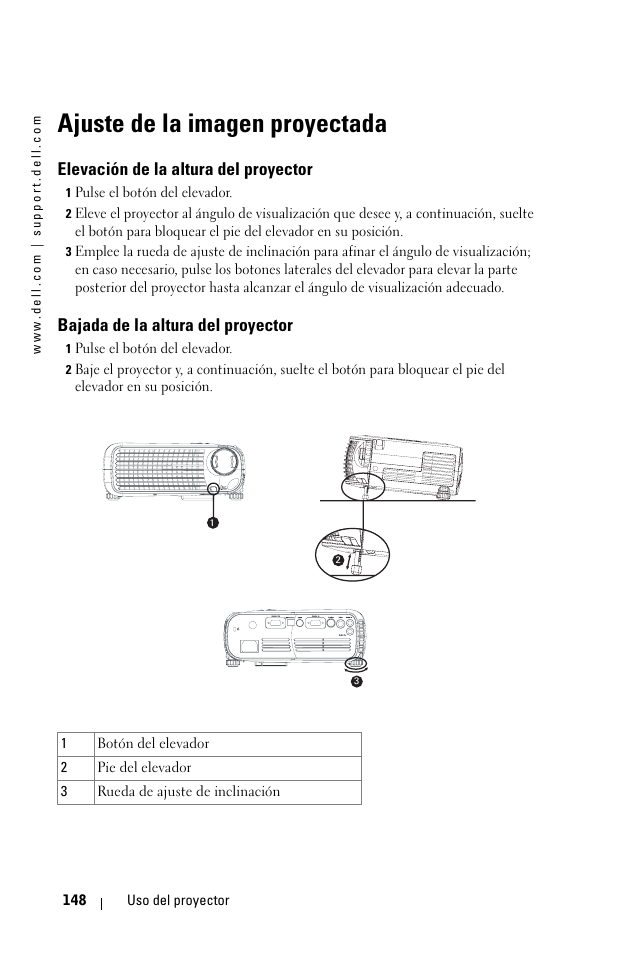 Ajuste de la imagen proyectada, Elevación de la altura del proyector, Bajada de la altura del proyector | Dell 1100MP User Manual | Page 148 / 278
