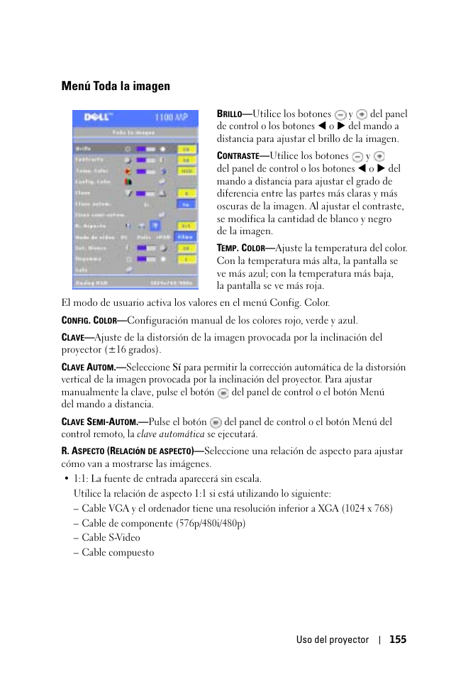 Menú toda la imagen | Dell 1100MP User Manual | Page 155 / 278