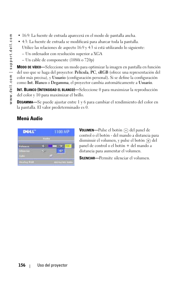 Menú audio | Dell 1100MP User Manual | Page 156 / 278