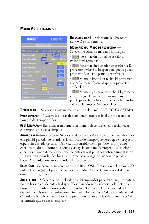 Menú administración | Dell 1100MP User Manual | Page 157 / 278