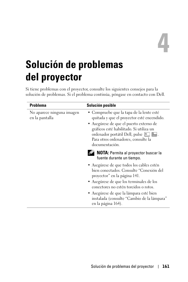 Solución de problemas del proyector, 4 solución de problemas del proyector | Dell 1100MP User Manual | Page 161 / 278