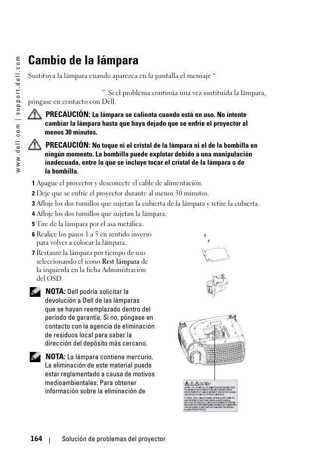Cambio de la lámpara | Dell 1100MP User Manual | Page 164 / 278
