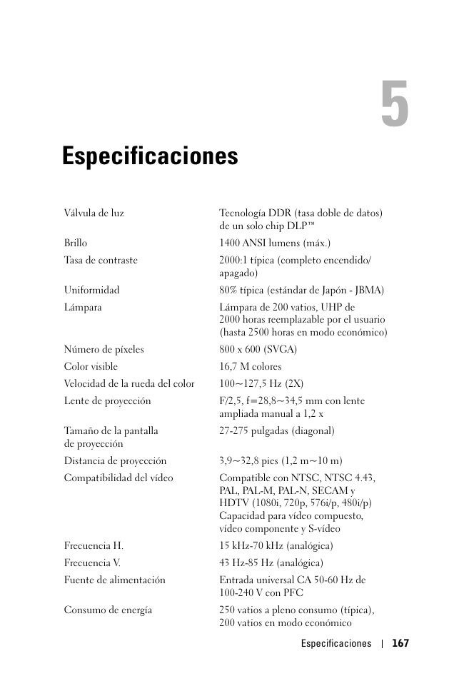 Especificaciones, 5 especificaciones | Dell 1100MP User Manual | Page 167 / 278