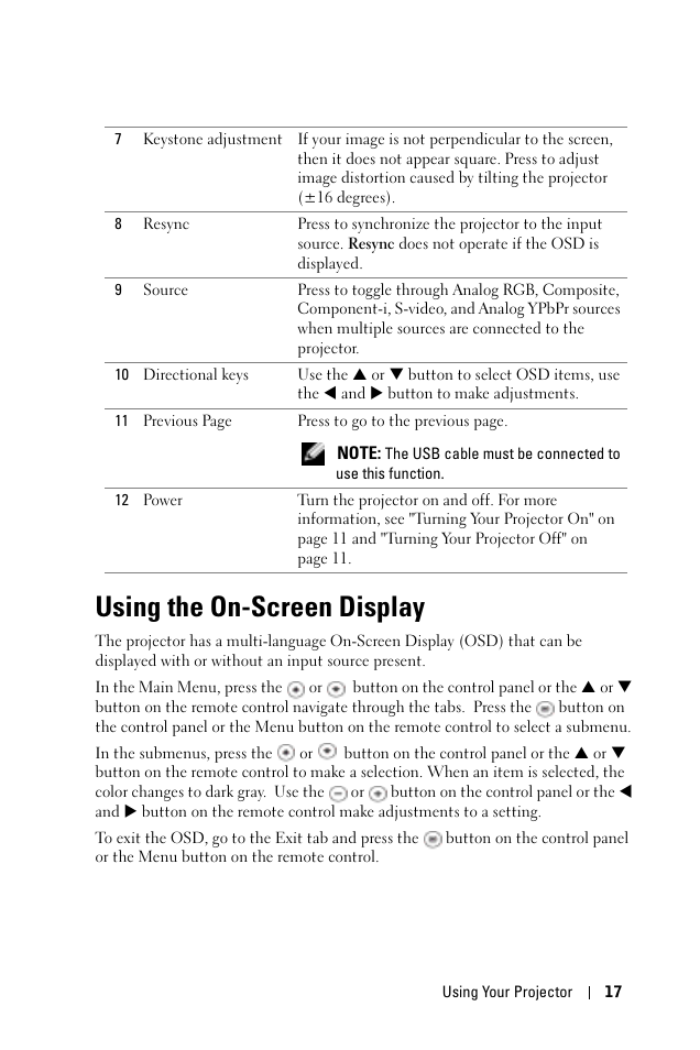 Using the on-screen display | Dell 1100MP User Manual | Page 17 / 278