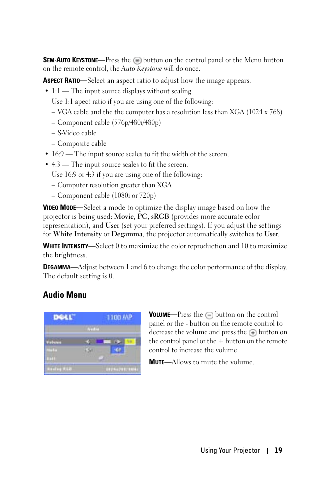 Audio menu | Dell 1100MP User Manual | Page 19 / 278