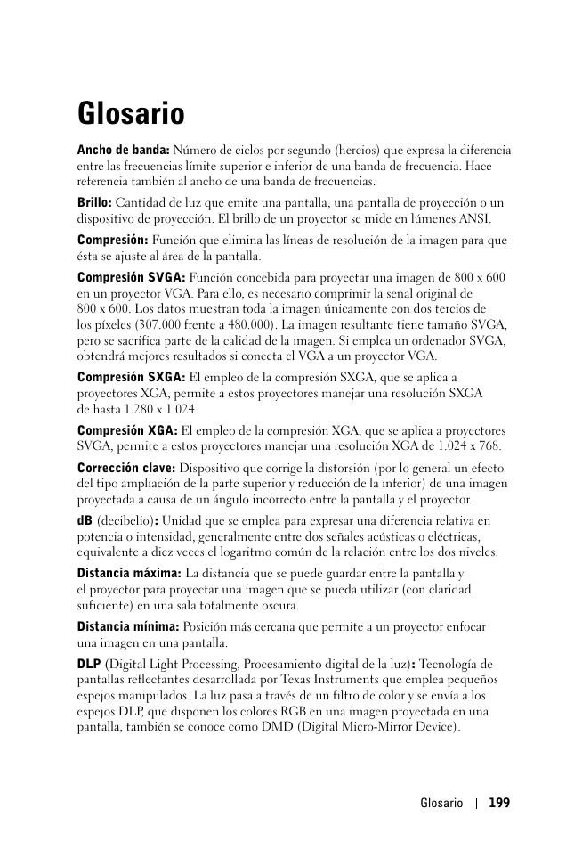 Glosario | Dell 1100MP User Manual | Page 199 / 278