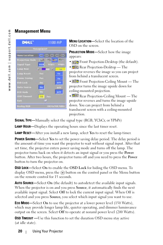 Management menu | Dell 1100MP User Manual | Page 20 / 278