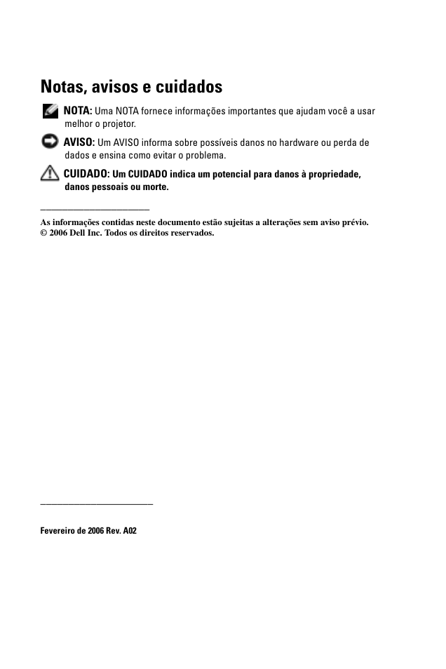 Notas, avisos e cuidados | Dell 1100MP User Manual | Page 208 / 278