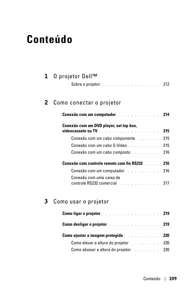 Conteúdo, 1 o projetor dell, 2 como conectar o projetor | 3 como usar o projetor | Dell 1100MP User Manual | Page 209 / 278