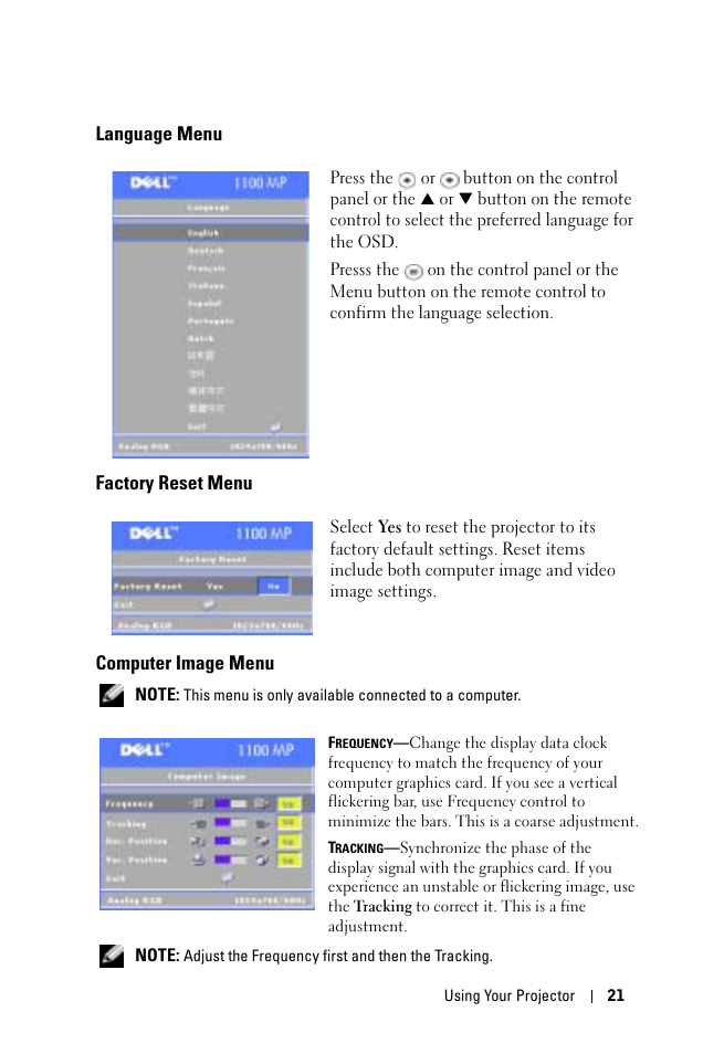 Language menu, Factory reset menu, Computer image menu | Dell 1100MP User Manual | Page 21 / 278