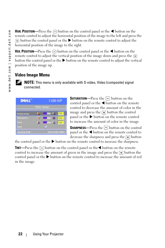 Video image menu | Dell 1100MP User Manual | Page 22 / 278